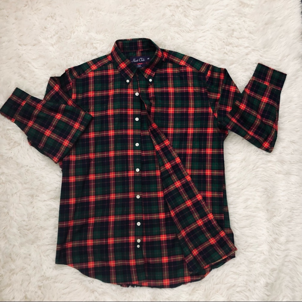 Hunt Club Medium Red Green Blue Twill Plaid Long Sleeve Button Down Shirt